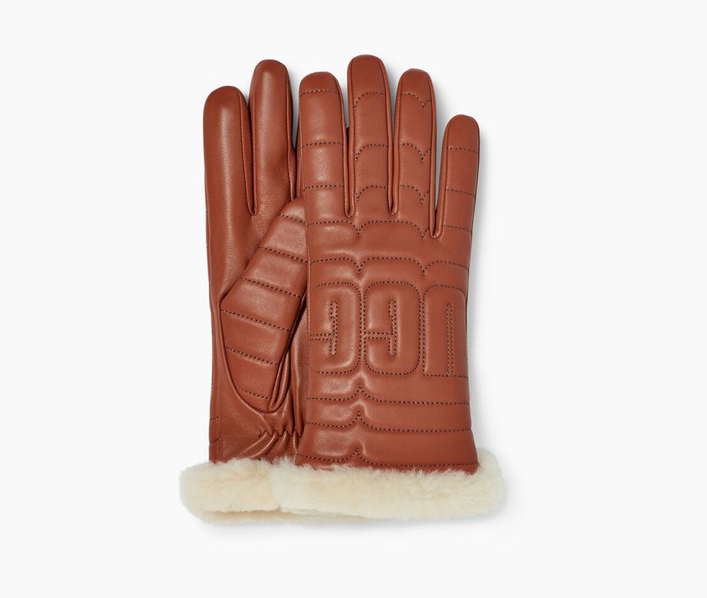 Ugg Leather Quilted Logo Tech - Womens Gloves - Brown - NZ (8256XUDYE)